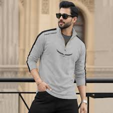 BANGASH PICKS #6737 Men Full Sleeve High Neck Cotton Blend Grey-Black T-Shirt